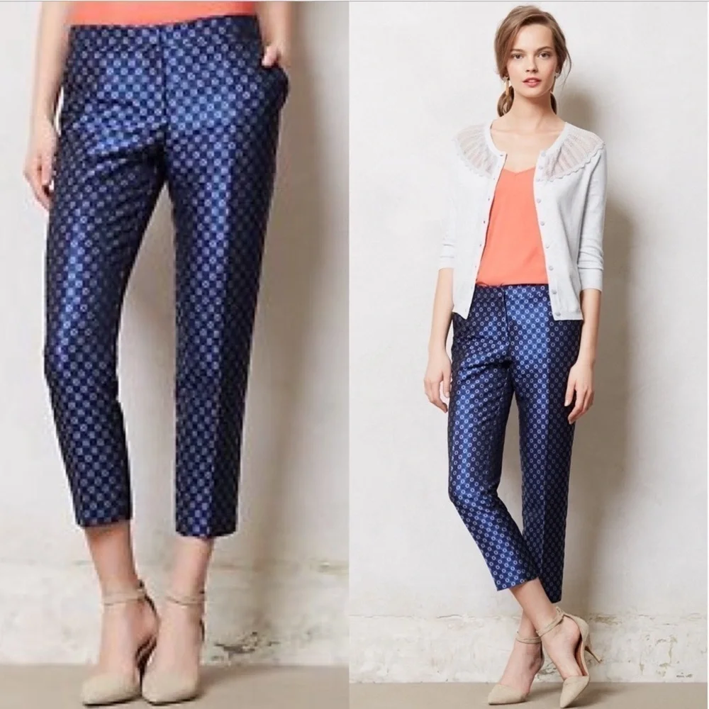 Anthropologie Leifsdottir Batik Jacquard Printed Crop Dress Pants in Blue Sz 4